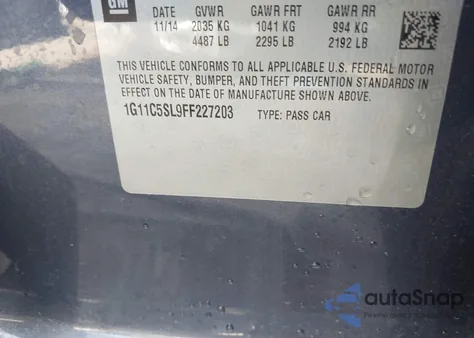 2015 Chevrolet Malibu 1Lt z USA, uszkodzony, nr VIN 1G11C5SL9FF227203